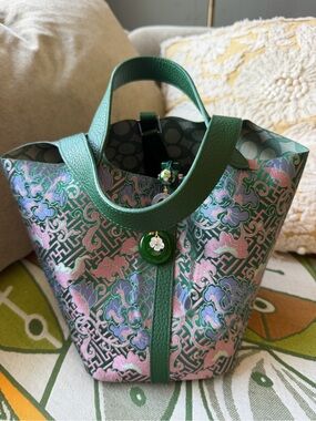 Handmade silk & Leather Green Floral Jacquard Tote Bag